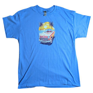 Sunset Cruise - Car & Palm Trees - Graphic Tee - Size L - Lt Blue - All Genders